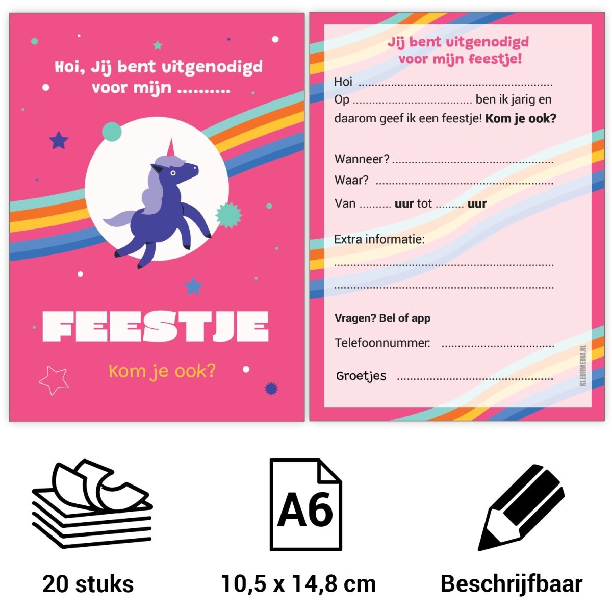 Uitnodiging kinderfeestje - 20 stuks - Roze Pony - Koning Spandoek Uitnodiging kinderfeestje - 20 stuks - Roze Pony